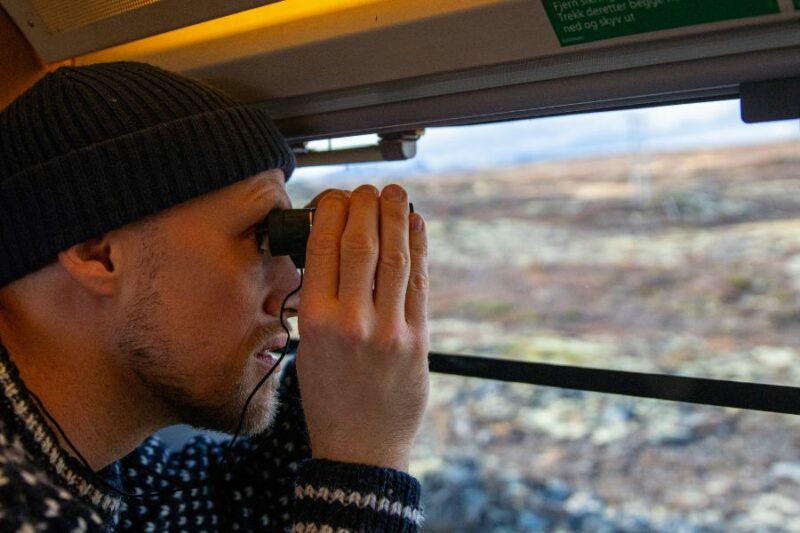 Homme-regard-hors-du-train-du-Dovrebanen-en-Norvège-Fredrik-Ahlsen-Maverix-VisitNorway